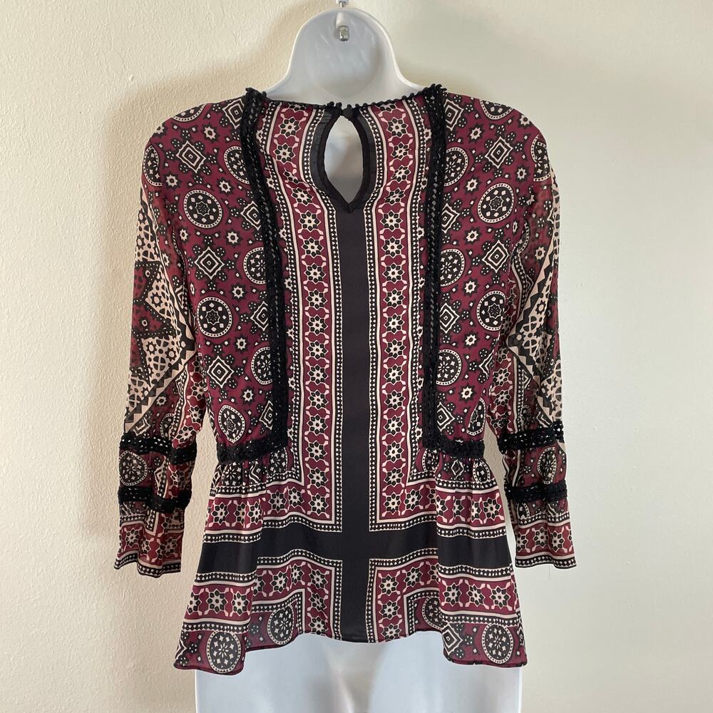 SEA New York Ezri Blouse Womens 4 Silk Blend Floral Boho Peplum Lattice Lace - Picture 11 of 11